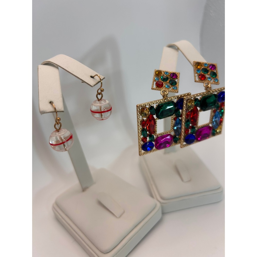 Earring Set Women OS Multicolor Good Gemstone Square & Striped Orb - Picture 5 of 12